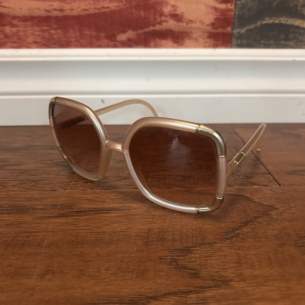 Ted Lapidus Vintage Square Sunglasses Gold Plastic Frame Brown Lens